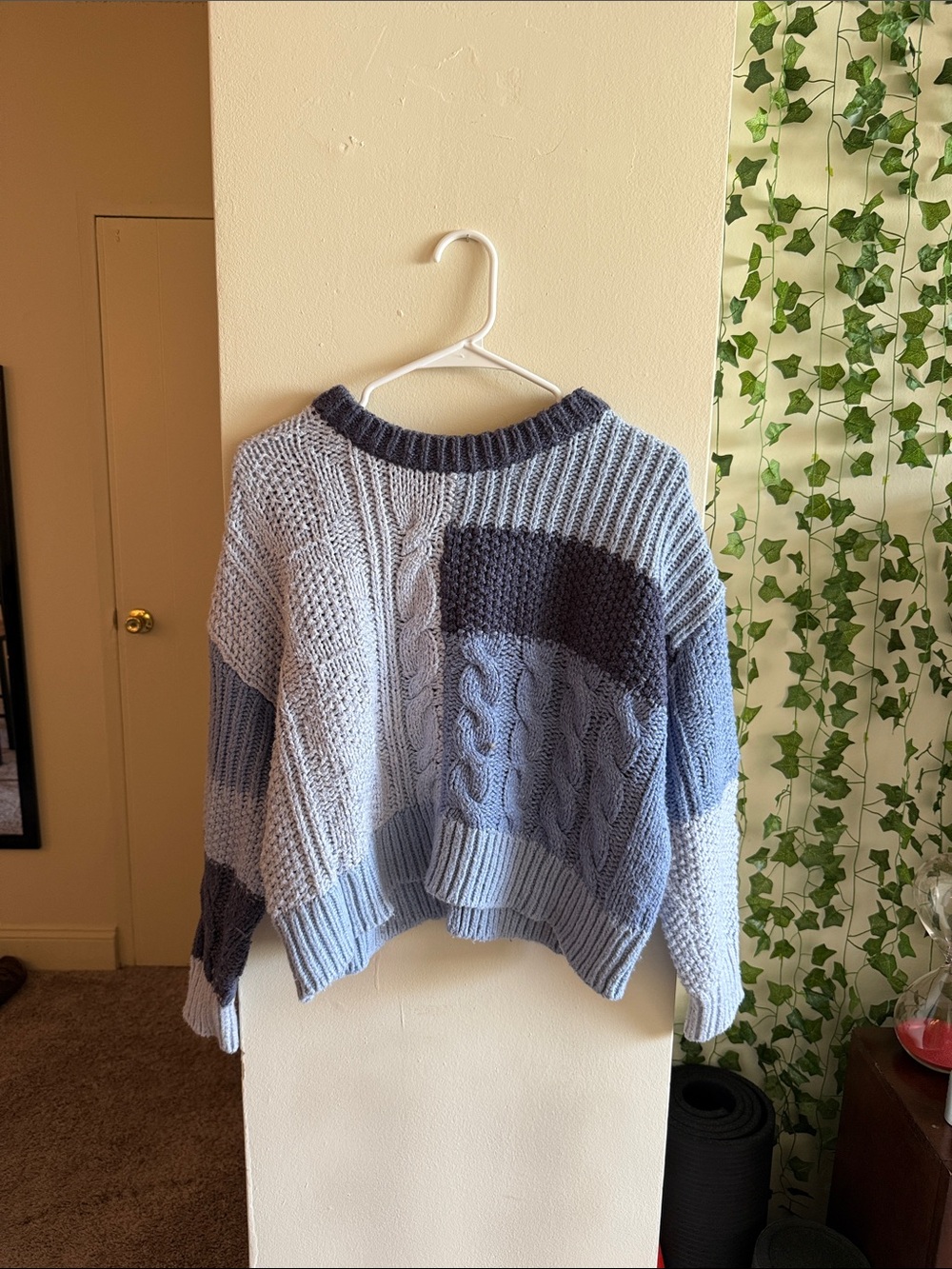 aerie Colorblock Light Blue & Navy Cable-Knit Sweater